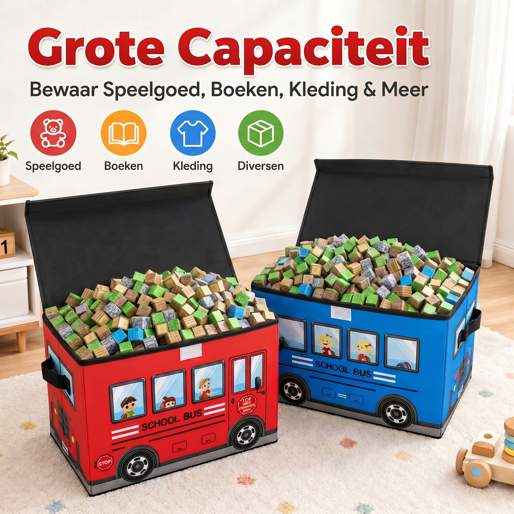 Bus-opbergbox voor magnetisch speelgoed – rood en blauw