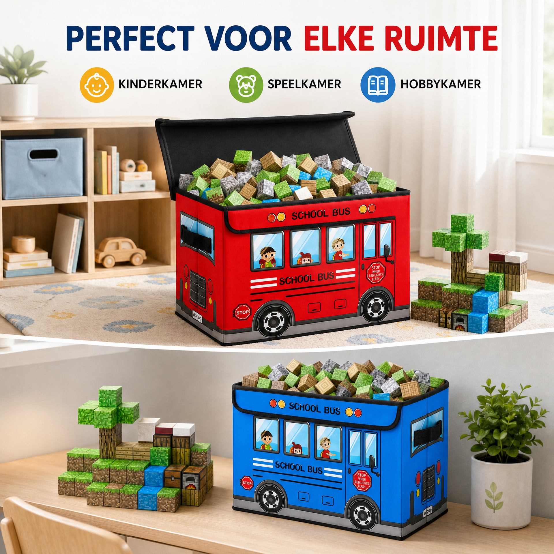 Bus-opbergbox voor magnetisch speelgoed – rood en blauw